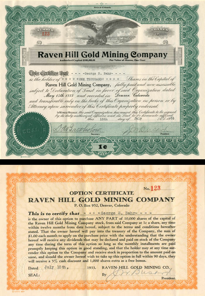Raven Hill Gold Mining Co. - Stock and Option Certificate